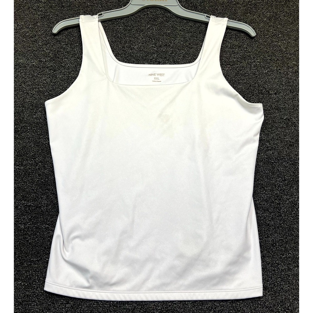 Nine West Tank Top Womens 2XL White Stretch Minimalist Wide Strap Square Neck